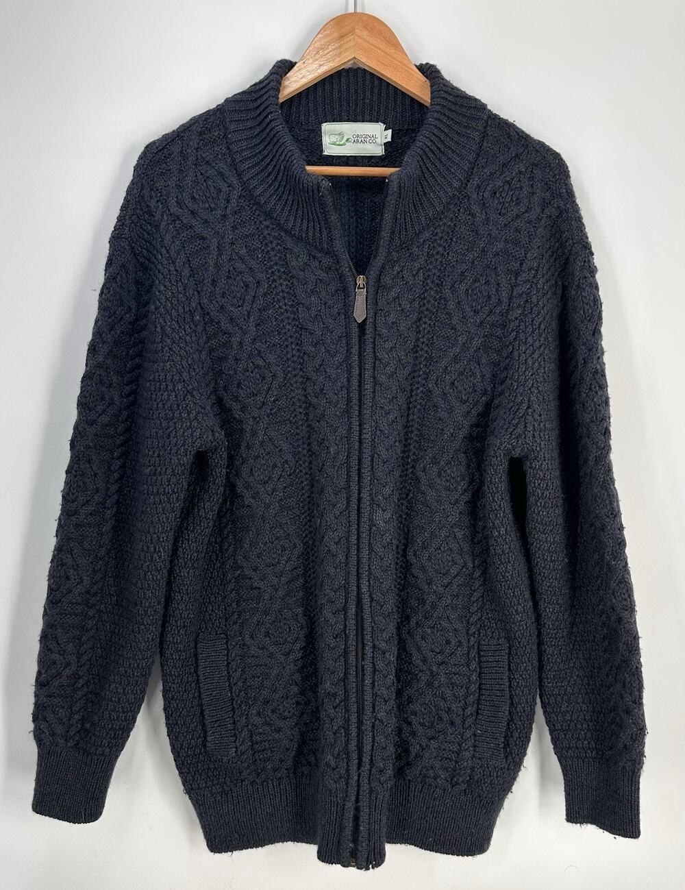 Original Aran Co. Women's Sweater SZ XL Navy Merino Wool Cable Full Zip Fishing